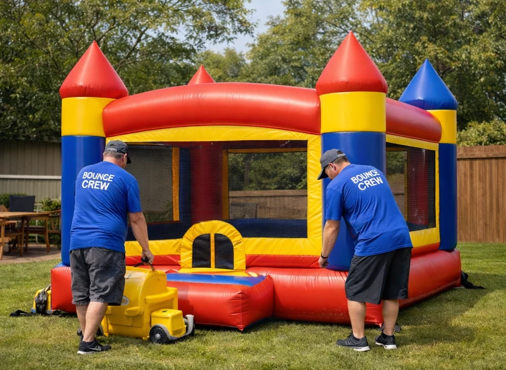 Bounce house setup in a smaller Alamo Heights backyard with clear overhead space and safe exit paths